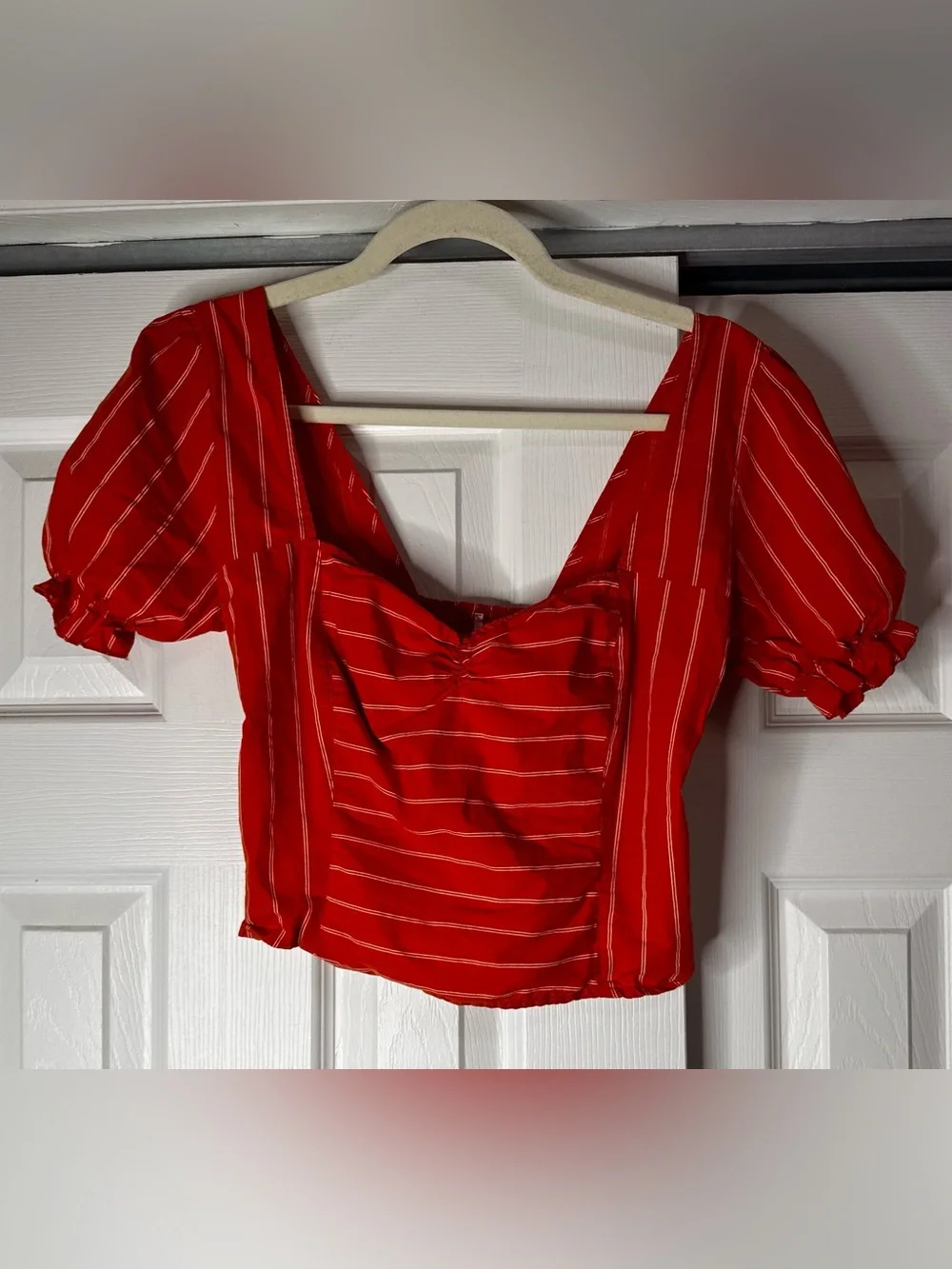 Free People Orange and White Striped Square-Neck Puff Sleeve Blouse - Size M